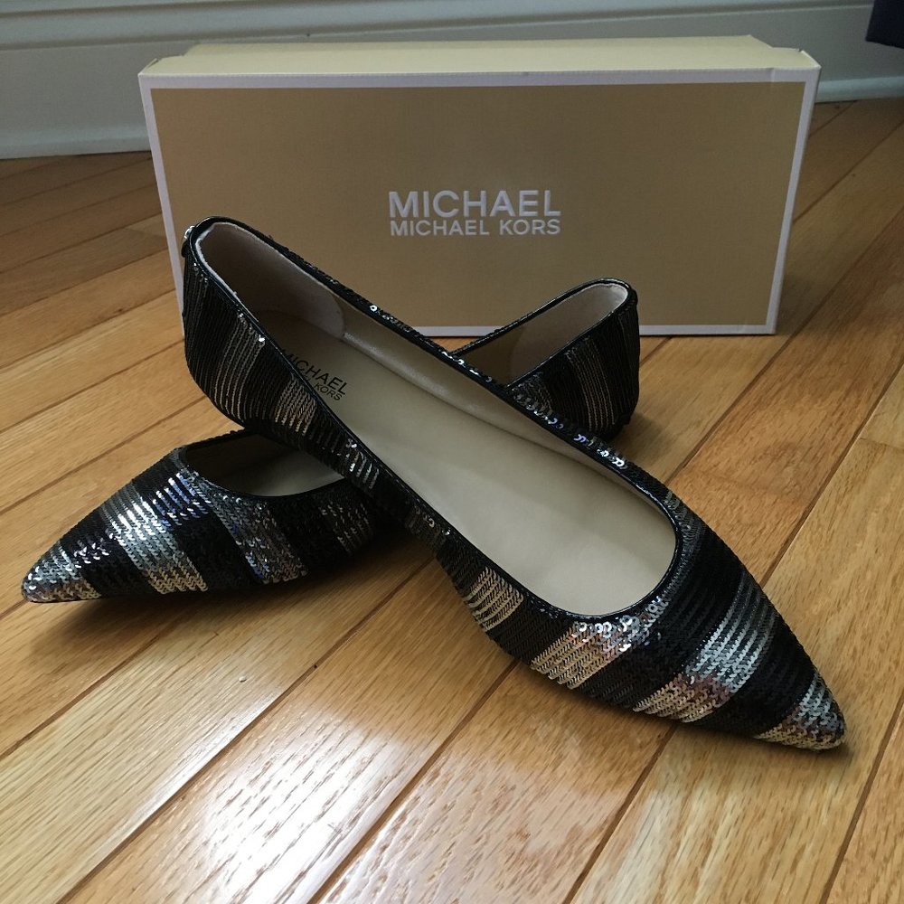 NWT Michael Kors Arianna Black and Silver Sequin Flat Shoes Size 8